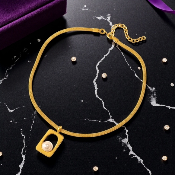 Elegant 18K Gold Plated Faux Pearl Necklace & Earrings Set Minimalist Design - Picture 4 of 10